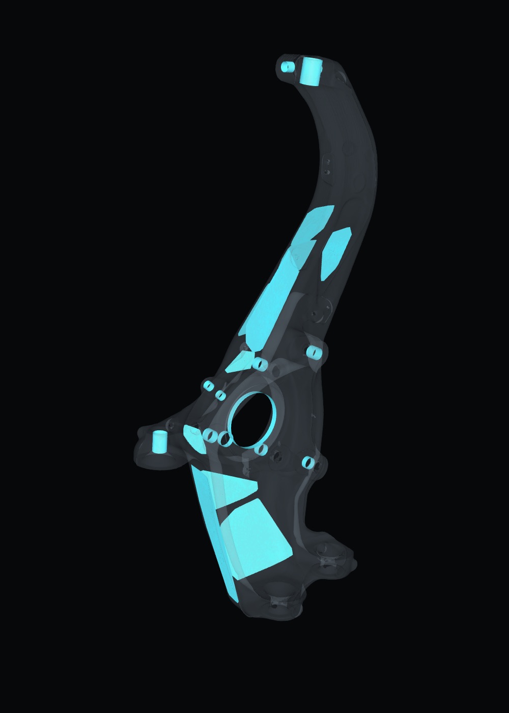 Scanned front knuckle, shown translucent, with exact bores and flat mounting faces fitted to it